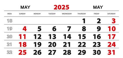 Wall calendar 2025 for may, week start from sunday. vector
