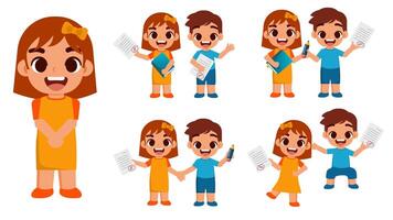 a set of illustrations of a pair of school children who are happy to get an A grade vector