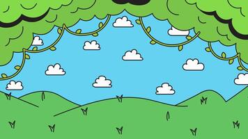 Tree and mountain cloud cartoon hand drawn background vector