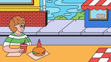 A cartoon man sitting at a table with a burger and drink vector