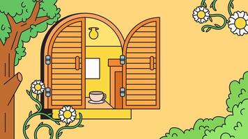 Cozy room in open shutter window cartoon illustration vector