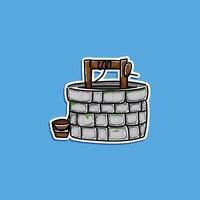 A hand drawn illustration of a vintage stone well with a bucket, surrounded by a solid blue background. Ideal for use in themes related to rural life, history, or traditional tools. vector