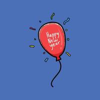 A festive illustration featuring a red balloon with 'Happy New Year' text, surrounded by colorful confetti on a bright blue background, symbolizing joyous celebrations and hope for the upcoming year. vector