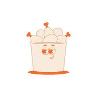 Funky character red box with chicken thighs in trendy retro groovy style. Psychedelic fast food mascot with face. Cool sticker in monochrome palette vector