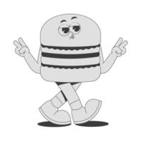 Funky burger character in trendy retro groovy style. Psychedelic walking fast food mascot with face, hands and legs. Cool sticker in black monochrome palette vector