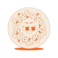 Cute round pizza character with pepperoni, tomatoes, basil in trendy retro groovy style. Psychedelic fast food element with face. Flat sticker in monochrome palette vector
