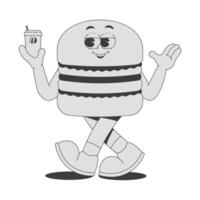 Funky burger character with drink in trendy retro groovy style. Psychedelic walking fast food mascot with face, hands and legs. sticker in black monochrome palette vector