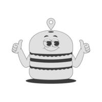 Funky burger character with location sign in trendy retro groovy style. Psychedelic fast food mascot with face and hands. Cool sticker in black monochrome palette vector