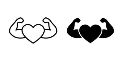 Strong health icons. Heart with muscle arms icon set. Strong heart line design. vector