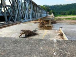 Steel bridge structure over a partially damaged or flooded river with debris accumulated below. A scene depicting infrastructure and natural forces, ideal for themes of construction, flood aftermath photo