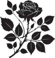 Elegant Black and White Rose Silhouette Design art illustration, A striking silhouette of a rose and leaves on a white background. vector
