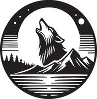 Majestic howling wolf under a full moon, nestled in a mountain landscape A bold, black and white graphic design showcases a howling wolf positioned under a full moon. vector