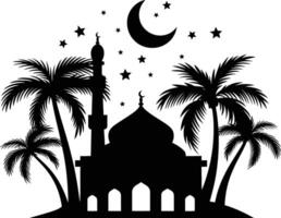 Silhouette mosque with coconut tree. Black mosque icon on white background. Crescent and star shape in sky. vector
