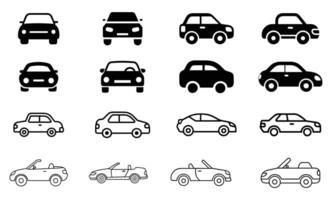 Set of car silhouette icon with fill and line. side and front view line and black car illustration. vector