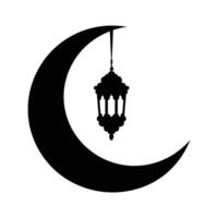 Crescent silhouette with lantern. Moon and stars icon flat design. Muslim shape Isolated on white Background. vector