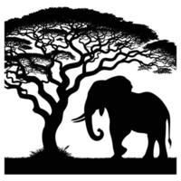 Silhouette of an Elephant Under a Large Acacia Tree vector