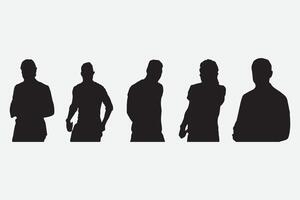 Silhouettes of men, a group of model standing and walking business people, black color isolated on white background vector