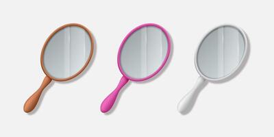 Collection of realistic classic hand mirrors isolated on light background. vector