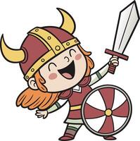 A cartoon viking girl holding a sword and shield vector