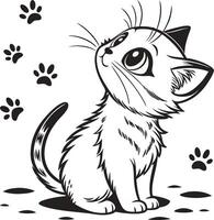 A black and white drawing of a kitten with paw prints vector