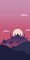 Islamic mosque with palm trees and sunset in the background vector