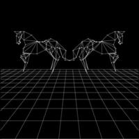 Horse polygonal lines on the Synthwave vaporwave, perspective grids, wireframe landscape background, laser grid in deep space vector
