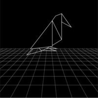 Bird polygonal lines on the Synthwave vaporwave, perspective grids, wireframe landscape background, laser grid in deep space vector