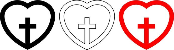 Christian cross with heart icon set vector