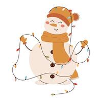 Snowman in a hat with a garland in his hands. Holiday character with multi-colored lights. Color illustration on a white background. vector