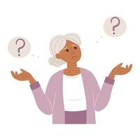 Choice concept. Elderly woman doubting about choosing path, method, decision making thinking about problem. Dilemma of choice. Doubt, feeling uncertain concept vector
