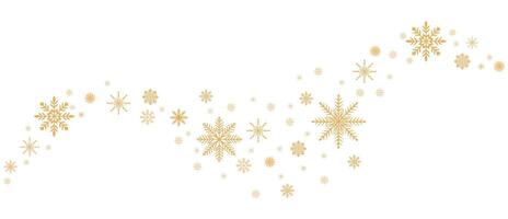Snowflakes falling in doodle style, illustration. Wave of cold winter air in windy weather. Snowflakes outline for print and design. Isolated golden element on white background. Winter symbol nature vector