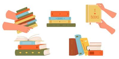 Cute stack of books for reading. World Book Day. Education concept. Design template with a pile of open books. Simple funny clipart isolated on white. Book festival. vector