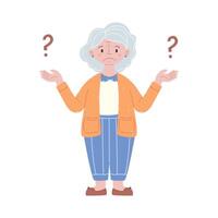 Doubt, feeling of uncertainty concept. Elderly woman standing in doubt thinking about dilemma trying to decide with question marks above illustration vector