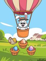 Cute Easter Bunny in Hot Air Balloon Dropping Eggs vector