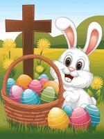 Cute Easter Bunny with Easter Eggs and Cross in a Field vector