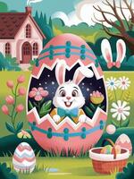 Cute Easter Bunny Peeking from a Giant Easter Egg vector
