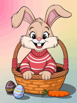 Cute Easter Bunny in a Basket with Eggs and Carrot