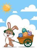 Cute Easter Bunny Pushing a Cart Full of Colorful Eggs vector