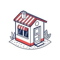 A small house with a red and white awning vector