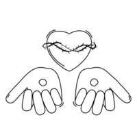 Doodle of Hands of Christ with stigmata and heart wrapped in a crown of thorns Religious illustration vector