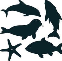 A illustration of silhouette fish set. There's a dolphin, a seal, a sea otter, and a starfish vector