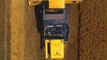 Agricultural machinery theme. Great modern yellow combine from above. Selective focus from dron. video