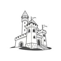 A castle is shown in black and white vector