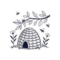 Bee hive and bee hive with flowers and bees illustration vector