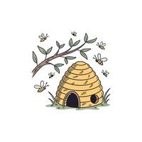 Bee hive and bee hive with bees illustration vector