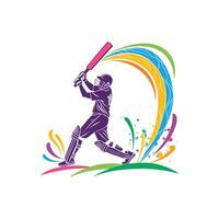 Cricket player with bat and rainbow background vector