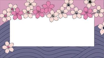 A pink and purple background with flowers and a blank frame vector