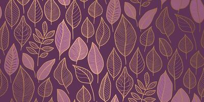 Pattern of stylized leaves outlined in metallic gold on dark purple background, featuring various leaf shapes with intricate vein details, ideal for wallpapers, textiles, graphic design. vector