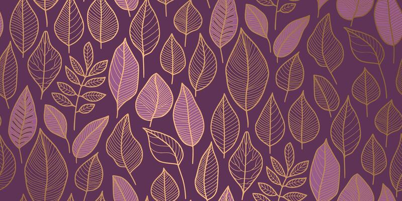 Pattern of stylized leaves outlined in metallic gold on dark purple background, featuring various leaf shapes with intricate vein details, ideal for wallpapers, textiles, graphic design.