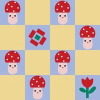Mushrooms With Checker And Flowers Motif Minimal Geometric Graphic For Backgrounds Textile. vector